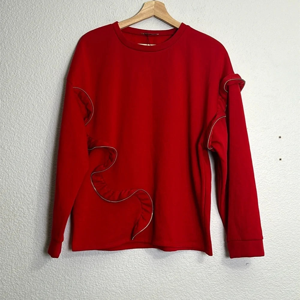 Zara Trafaluc Red Long Sleeve‎ Zippered Design Pullover Sweatshirt Size Small
